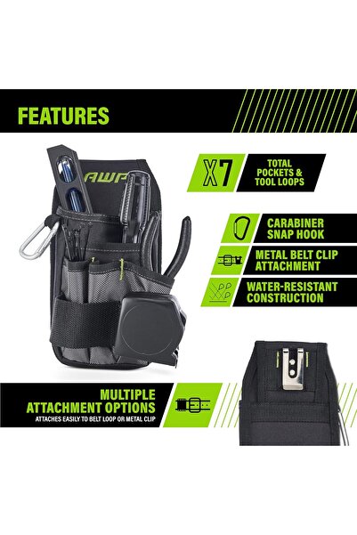 awp Tool Organizer Pouch with 7 Pockets and Loops, Heavy-Duty Metal Belt Clip