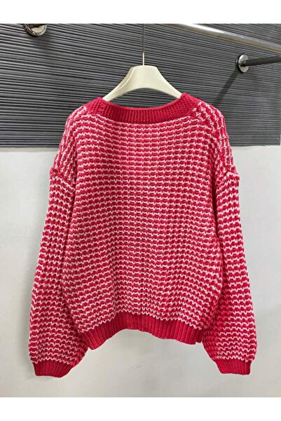 miratriko Loose Cut Off-Shoulder Thessaloniki Plaid Knit Patterned V-Neck Cardigan Sweater