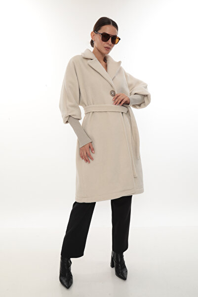 İKSUN Premium Quality Comfortable Fit Winter Women's Cashmere Coat with Belted Buttons, Lined and Brooched