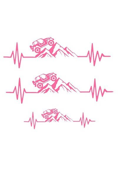 Oracal Set of 3 stickers Jeep 4x4 off road on mountain with heartbeat, pink