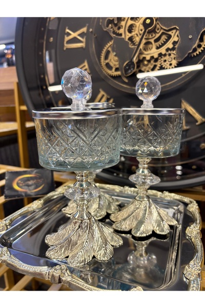Paşabahçe Ars Timeless Metal Footed Covered Cup, Design Glass Bowl, 3-Piece Snack Bowl, Presentation Bowl