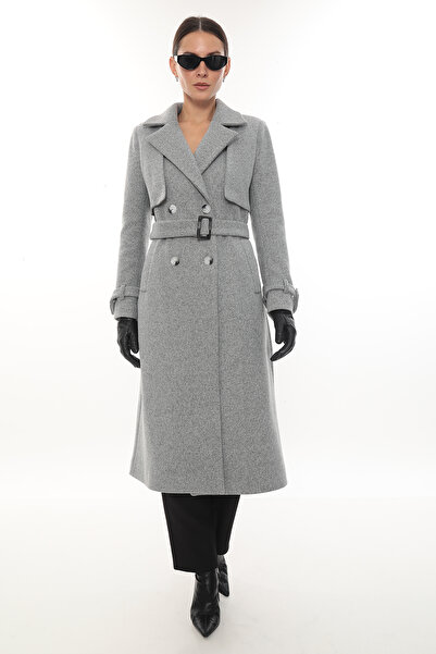 İKSUN Belted Buttoned Lined Premium Quality Comfortable Fit Winter Women's Cashmere Coat