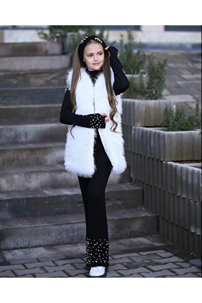 UZUN BUTİK Kids Girl's Vest and Pearl-Detail Knitwear Set with Pearl-Bandana