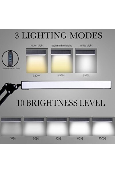 genernic LED Desk Lamp, Adjustable Swing-Arm with Clamp, Eye-Care, 10 Brightness Levels, 3 Modes (Black)
