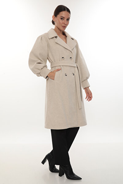 İKSUN Belted Buttoned Lined Premium Quality Comfortable Fit Winter Women's Cashmere Coat