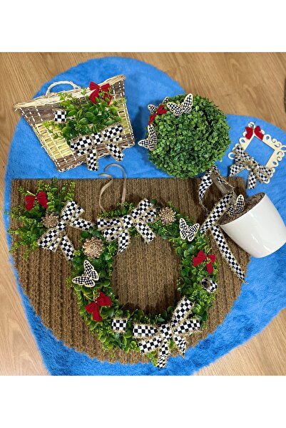 Marrone Büyük Paspas Ve Büyük 45cm Kapı Süsü 100*50 cm Paspas Şimşir Ağacı Sepet Ve Priz Süsü Extra 5li