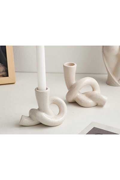 DOAHOMECONCEPT Düğüm İskandinav Tarz Şamdan Mumluk Seti Açık Bej