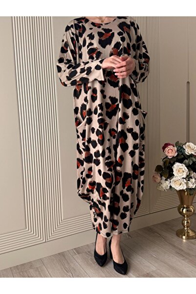 Z PLUS Leopar Desenli Büyük Beden Tam Boy Elbise - 60 Bedene Kadar Uyumlu