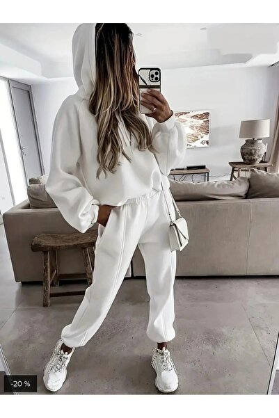 LUSHN Women's Solid Hooded Oversize Sweatshirt Sweatpants 3 Thread Double Set