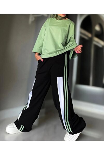 LUSHN Women's Plus Size T-Shirt Sides Stripe Sweatpants Double Set