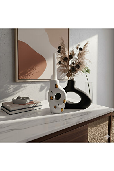 M&C Concept Dekor minimalist 2'li leopar desen şamdan siyah vazo seti