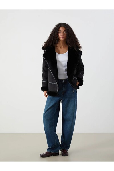 LC Waikiki Xside Black Fur Collar Women's Suede Look Coat