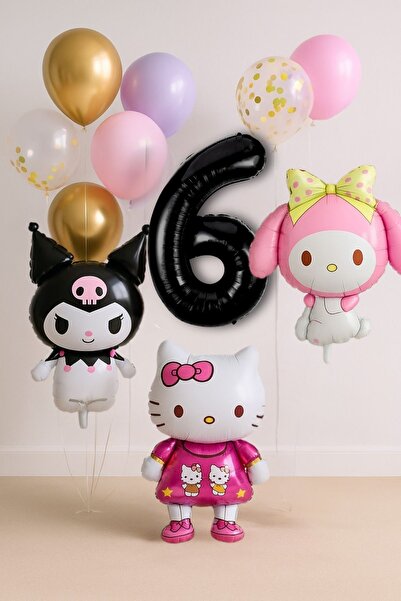PARTİAVM 6 Yaş Hello Kitty + My Melody + Kuromi Balon Set Doğum Günü Balon Se...