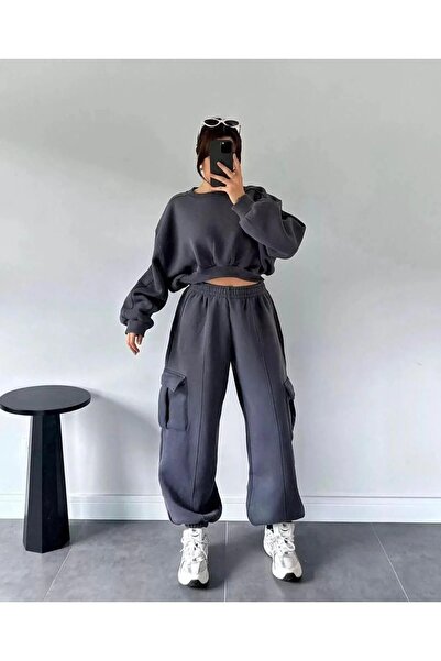 LUSHN Women's Crop Sweatshirt Cargo Pocket Sweatpants 3 Thread Double Set