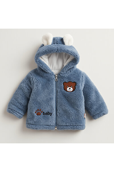 Uğur bebe Blue Color Lined Plush Hooded Teddy Bears Embroidered Baby Cardigan – Soft and Keeps You Warm