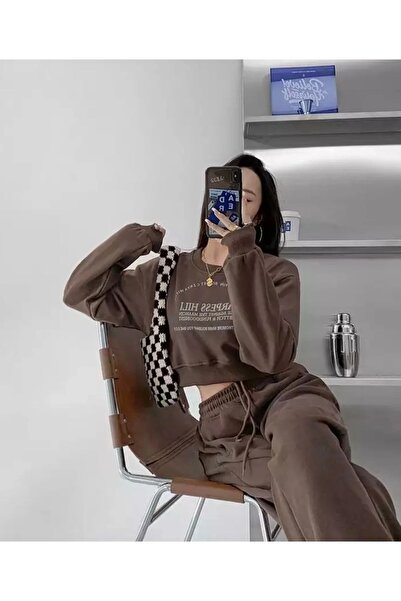 LUSHN طقم بدلة رياضية برقبة دائرية ومطبوع عليه حروف مقاس كبير للجنسين