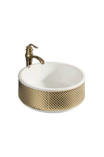 NEXTLY NEXTLY countertop ceramic washbasin, sanitary ware, round, 43x43x16cm, white-gold