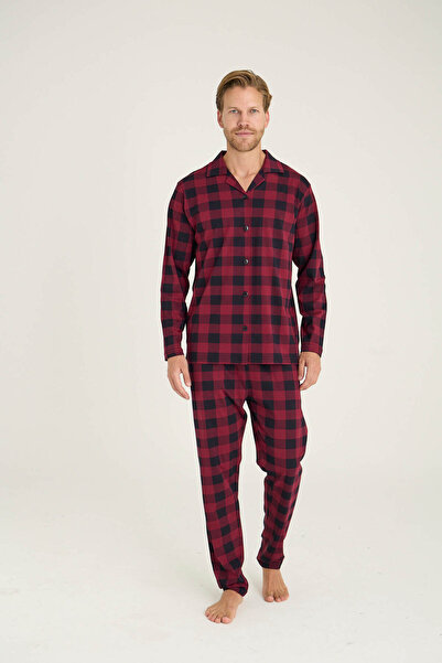 DÜVEN Apaç Collar Buttoned Claret Red Square Plaid Patterned Transitional Men's Pajama Set