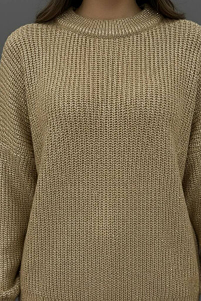 oshebu Women's Crew Neck Varaklı Oversized Knitwear Sweater