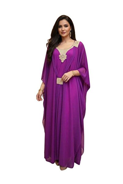 Naxun Elegant Purple Kaftan with Golden Embellishments – Flowy Chiffon Formal Gown for Women