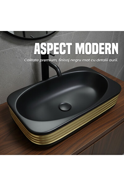 NEXTLY NEXTLY countertop ceramic washbasin, sanitary ware, 60x35x14cm, black-gold