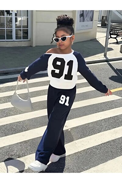 LUSHN Girl's 91 Printed Boat Neck Sweat Tracksuit Set