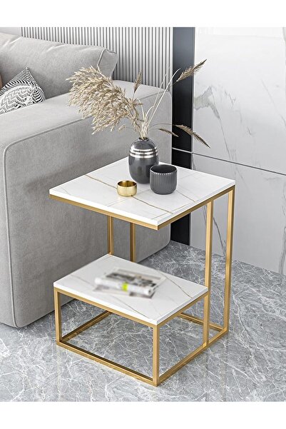 Alcoach Slim Side Table Two-Tier Bedside Coffee Table with Storage Shelf (45x45x50 cm, White)