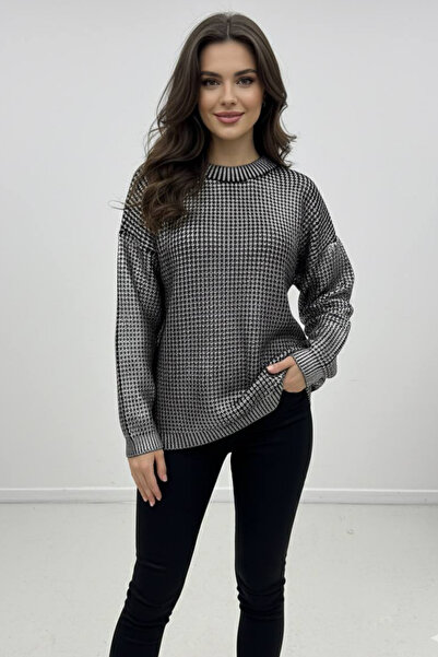 oshebu Women's Crew Neck Varaklı Oversized Knitwear Sweater