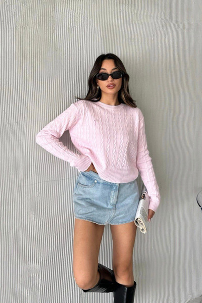 oshebu Women's Crew Neck Knit Detailed Sweater Sweater