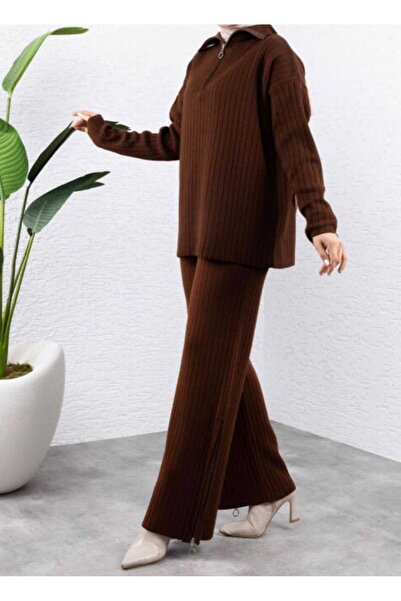 Fua Shop Γυναικείο γιακά με ραβδώσεις, Σχισμές στα πόδια με φερμουάρ, Πλεκτό κοστούμι με φερμουάρ στο πλάι