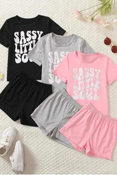 LUSHN Children's Printed Bottom-Top Set Cotton 3-Piece Shorts T-Shirt Set