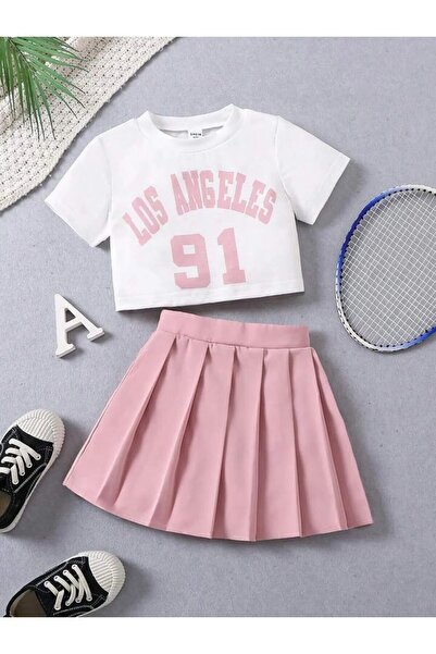 LUSHN طقم تي شيرت وتنورة قصير مطبوع عليه لوس أنجلوس 91 للفتيات