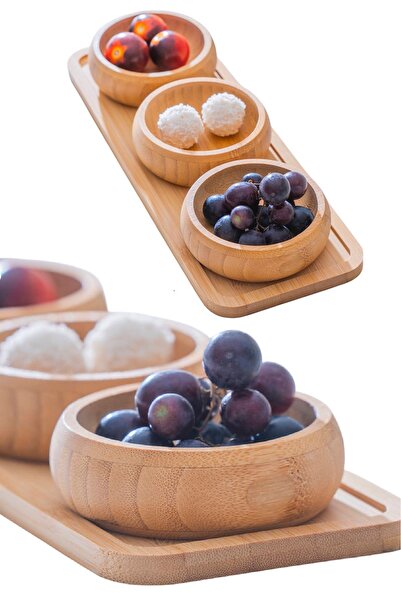 EZMK EV GEREÇLERİ Bamboo Snack Bowl with Stand, Set of 3 Snack Bowls, Treat and Presentation Bowl Set, 9 cm Diameter, 1 Set
