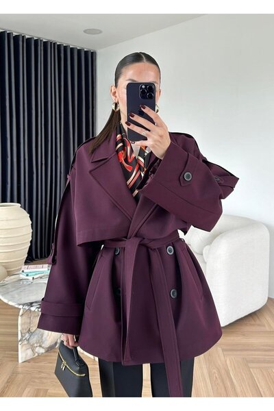 Narstorm Women's Belted Light Plum Araboy Sleeve Epaulette Shawl Collar Trench Coat