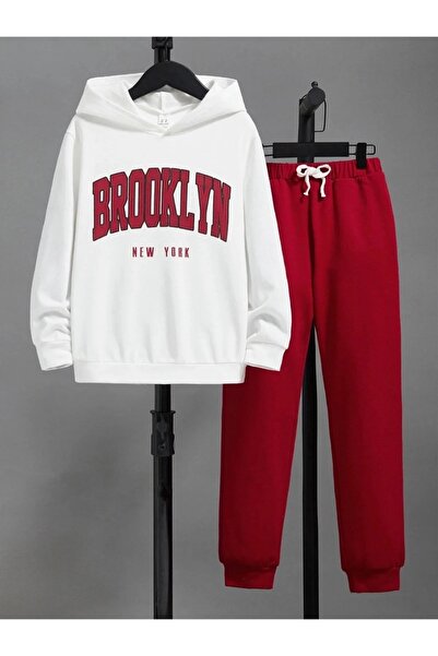 LUSHN طقم بدلة رياضية علوية وسفلية مطبوعة للأطفال من بروكلين - 3 خيوط سميكة م...