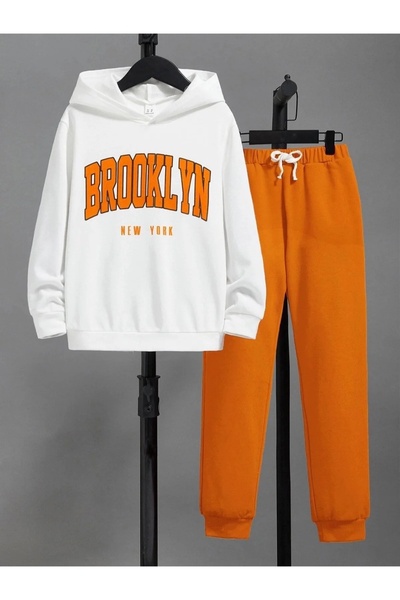 LUSHN طقم بدلة رياضية علوية وسفلية مطبوعة للأطفال من بروكلين - 3 خيوط سميكة م...