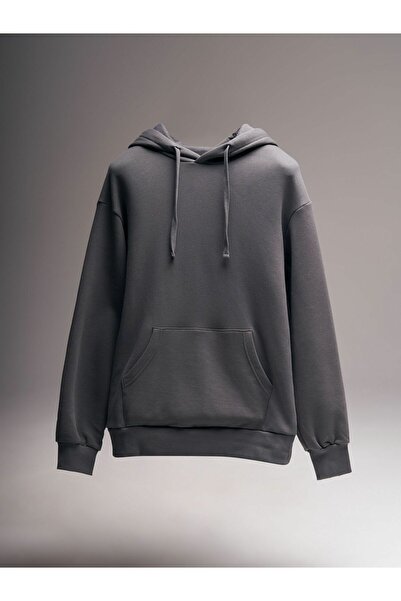 ELNOYA Unisex Dark Gray Basic Crew Neck Comfortable Hooded Sweatshirt