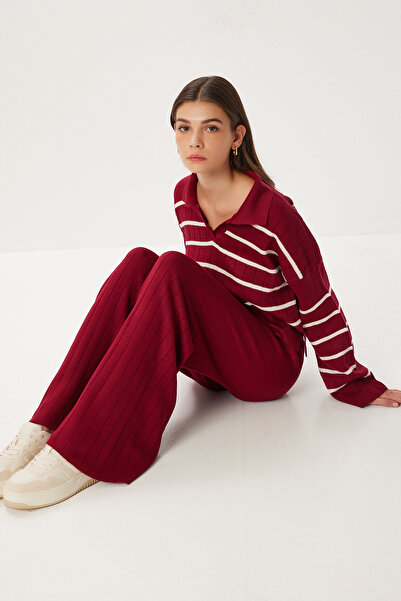 Lovelyİstanbul Set de pulover și pantaloni tricotat cu dungi LCI0054 BORDO KEMIK