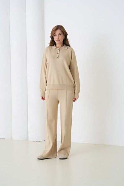 Noi Belis Oversized Premium Yarn Half Placket Button Polo Neck Knitwear Bottom-Top Set Aw25Au0029