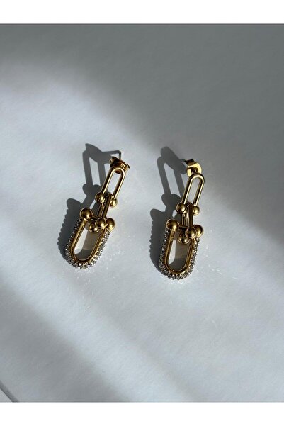 marsel aksesuar Tiffy Model Zircon Stone Detail Dangle Gold Steel Earrings