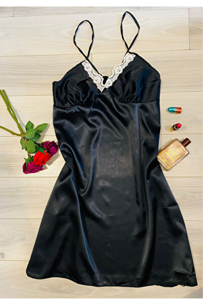 embody Women's satin nightdress, black, satin, black - Valentines Day gift