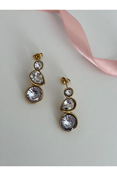 marsel aksesuar Round and Drop Model Crystal Stone Gold Steel Vip Earrings
