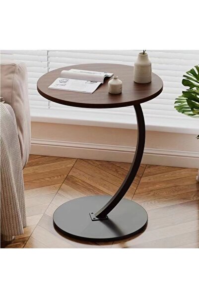 Ch A round, curved serving table with a modern wooden design, suitable for living rooms, majlis (sitting rooms), and bedrooms.