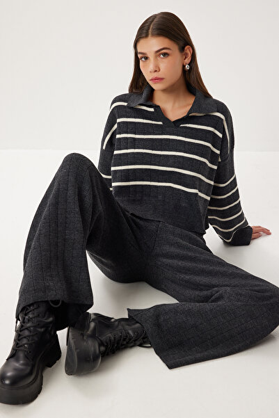 Lovelyİstanbul Çizgili Triko Kazak Pantolon Takım LCI0054 ANTRASİT KEMİK