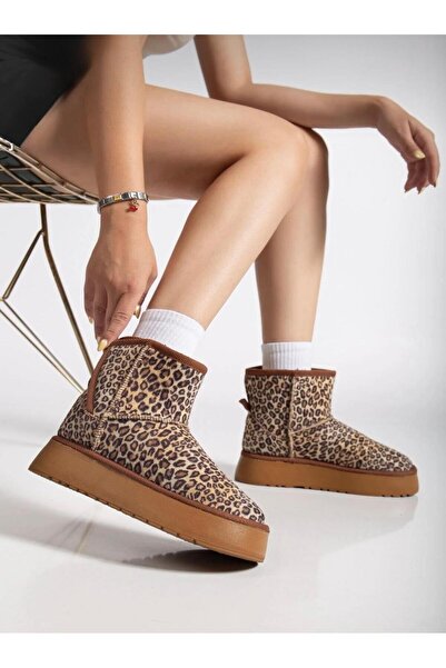ASİMAN İçi Tüylü Leopar Düz Taban Cırt Bant Yarım Bot