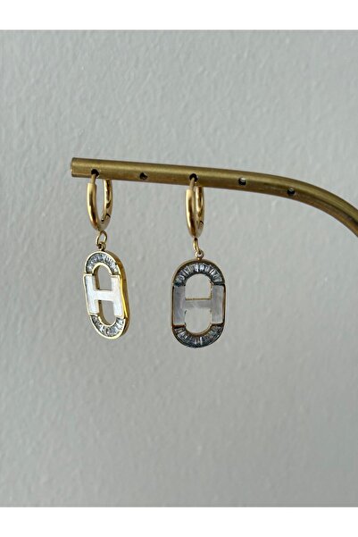 marsel aksesuar Oval White Enamel Zircon Stone Vip Gold Steel Dangle Earrings