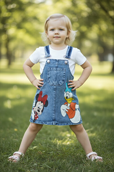 mini trends Kız çocuk elbise kot jile baskılı denim
