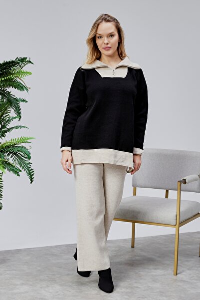 Jinx Wear Fashion Double Color Paneled Zipper Collar Wide Comfortable Oversized Acrylic Women's 2-Piece Knitwear Set