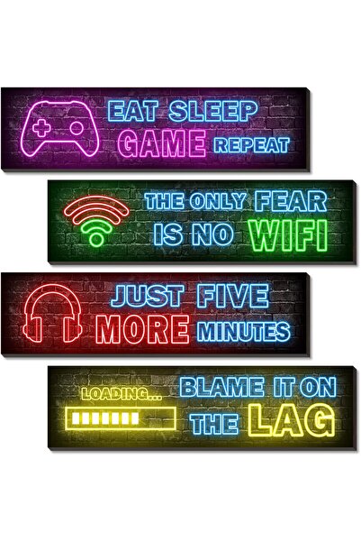 Generic Printed Neon Gaming Wall Art - Wooden 4-Piece Multi-Color Signs for Boys' Rooms