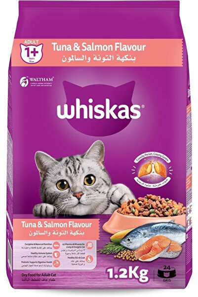 Whiskas طعام جاف للقطط بنكهة التونة والسلمون، كيس 1.2 كجم، للقطط البالغة، كام...